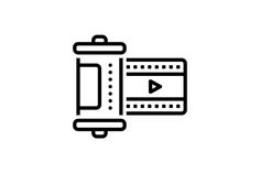 a black and white line drawing of a video camera with a play button on it