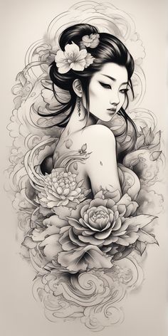 Es un boceto en blanco y negro de estilo japonés para un tatuaje, trazado de forma hábil en un lienzo en blanco. Muestra la impresionante habilidad del artista en capturar delicados detalles y sombras. Asian Lady Tattoo, Geisha Tattoo Design Ideas, Japanese Girl Tattoo, Giant Tattoo, Geisha Tattoos, Japanese Tattoo Women, Geisha Tattoo Design, Female Warrior Tattoo