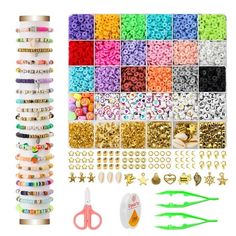 many different types of beads, scissors and other crafting supplies are shown in this image