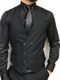 Black Three Piece Suit Men, All Black Three Piece Suit Men, Black On Black Suit, Full Black Suit, All Black Costumes, Black Three Piece Suit, Black Suit Vest, All Black Suit, Black Suit Wedding