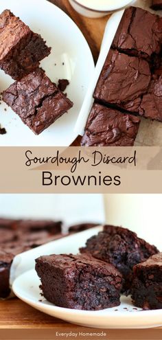 chocolate brownies are cut into squares and placed on plates