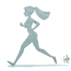 a drawing of a woman running with her hair blowing in the wind and looking back