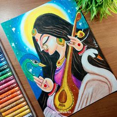 Saraswati Maa Mandala Art, Indian Madhubani Art, Mata Ji Drawing, Saraswati Maa Drawing, Maa Saraswati, Oil Pastel Drawings Easy, Oil Pastel Drawings