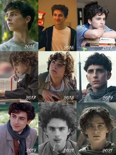 many different pictures of young men with curly hair and one has his head turned to the side