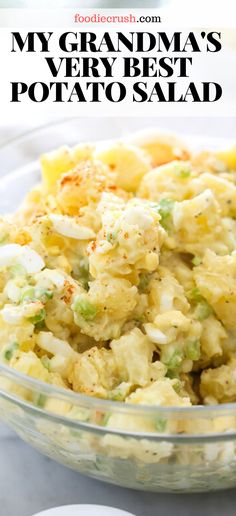 a bowl filled with potato salad on top of a table