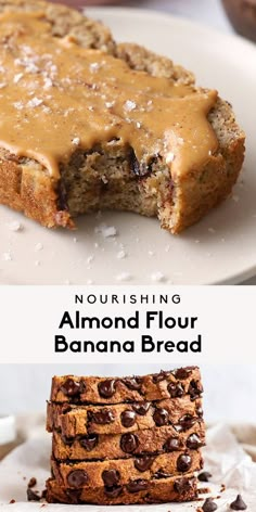 an image of almond flour banana bread with chocolate chips on top and the words, nourishing almond flour banana bread