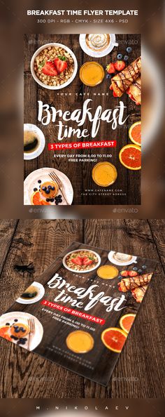 an advertisement for breakfast time with oranges and other food items on wooden table top