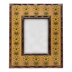 a wooden frame with yellow flowers painted on the side and brown trim around the edges