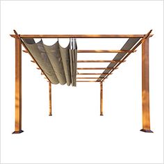 a wooden pergola with curtains hanging from it's sides and the top half open