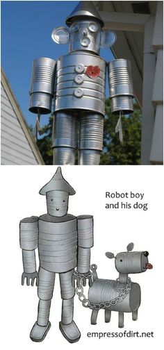 an image of a robot and dog made out of tin cans