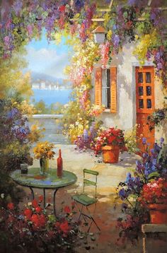 a painting of an outdoor patio with flowers and potted plants on the outside wall