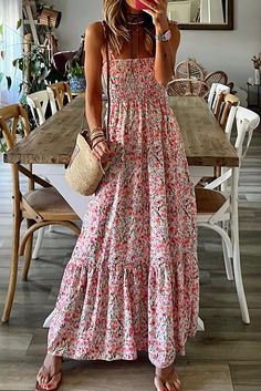 Rock the coastal vibes with this adorable Maxi dress! The smocked top and floral pattern are both cute and flattering, making it the perfect addition to your wardrobe. Fit: True Mason Jar Sizing (0-4 Small, 6-8 Medium, 10-12 Large, 14 XL) Material: 100% Polyester Measurements: Size Small > Bust: 26“ approx. Length: 48“ Size Medium > Bust: 28“ approx. Length: 48.5“ Size Large > Bust: 30“ approx. Length: 49“ Size XL > Bust: 32“ approx. Length: 49.5“ Party Kleidung, Vacation Wear, Flowing Skirt, Weave Style, Suspender Dress, Vacation Dresses, Pink Maxi Dress, Ruffled Maxi Dress, Vestido Casual