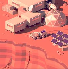 an artist's rendering of solar panels and trucks in the desert, with one vehicle parked on the ground