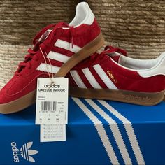 Brand New With Box And Tags. Mens 9, Womens 10.5. Never Worn, Just Tried On Once! Ordered Wrong Size By Mistake. Ordered My True Size And They Fit And Look Amazing! Adidas Gazelle Red, Adidas Black Sneakers, Adidas Gazelle Indoor, Indoor Shoes, Shoe Wishlist, Hype Shoes, Shoe Inspo, Swag Shoes, Red Adidas