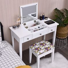 PRICES MAY VARY. 【Flip Top Mirror】: Features with a flip top mirror, this amazing vanity table provides a better view and let you make up easily. When the mirror is closed, it can be used as a writing desk or laptop desk. It is simple to switch between the vanity table and writing desk. 【3 Drawer & 7 Storage Compartments】: This vanity set has 3 drawers and a large storage box, which gives you enough space to store your makeup. 7 compartments in the storage box can classify your cosmetics, perfum Stylish Dressing Table, White Writing Desk, Table Flip, Vanity Dressing Table, Makeup Dressing Table, Makeup Desk, Vanity Benches, Dressing Table Vanity, Vanity Table Set