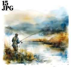 watercolor painting of a man fishing on the river