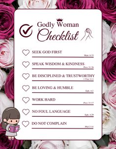 a card with the words godly woman checklist on it and pink roses in the background