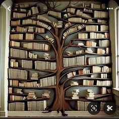 there is a tree with many books on it in front of the window and an image of a man reading