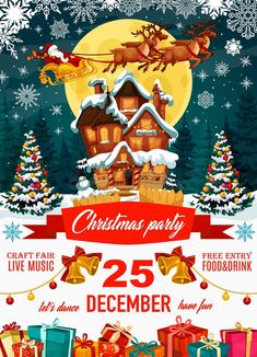 a christmas party flyer with presents and santa's sleigh