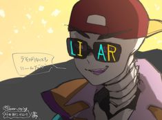 a person wearing sunglasses and a hat with the word liar written on it's eyes