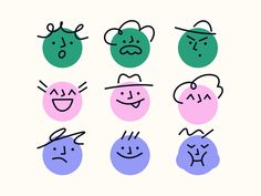 six different faces drawn in various colors and shapes, each with an individual's face