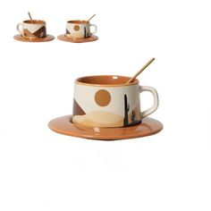 two coffee cups and saucers with spoons in the shape of polka dotes