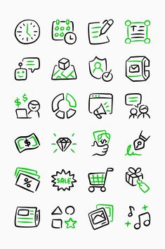 the icons are drawn in green and black on a white background, each with different symbols