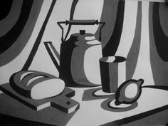 a black and white drawing of some items on a table top with stripes in the background