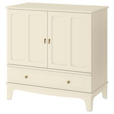 a white cabinet with two doors and drawers