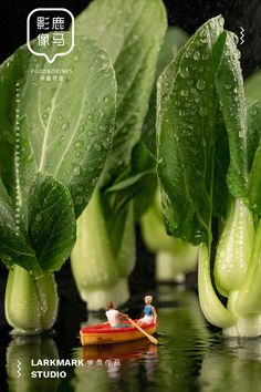 there is a small boat in the water surrounded by green leafy plants and leaves