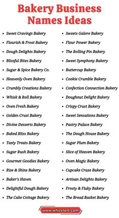 the bakery business name ideas list is shown in red and white, with black lettering