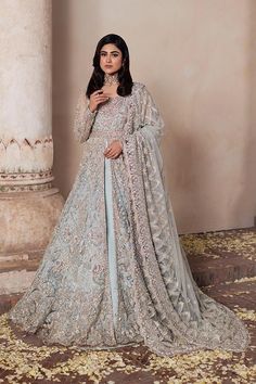 Pakistani Gown, Pearls Embroidery, Pakistani Bridal Dress, Net Gowns, Raw Silk Lehenga, Luxury Details, Lehenga Gown, Raw Silk Fabric, Bridal Outfit