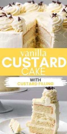 vanilla custard cake with custard filling on a plate and the title overlay reads vanilla custard cake with custard filling