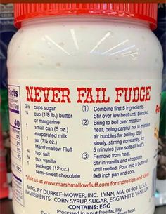 a bottle of never fail fudge sitting on top of a shelf in a store