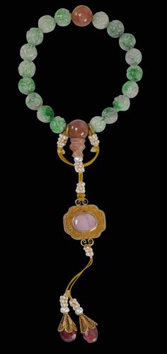 Chinese Eighteen-Bead Rosary-Bracelet of Carved Jade, Pearls, Tourmaline & Gilded Silver in Original Box - Michael Backman Ltd Chinese Jade Necklace, Jade Bracelet Chinese, Chinese Jewelry Traditional, Chinese Bracelet, Chinese Jewelry, Jade Necklace, Jade Bracelet, Jade Carving