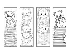 three bookshelves with cats and kittens on them, one has an open book