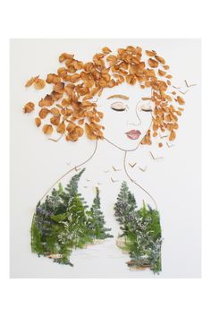 a drawing of a woman surrounded by trees