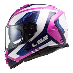 the helmet is pink and white with blue accents on it's side, while the visor has purple stripes