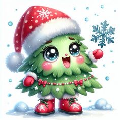 a green christmas tree wearing a santa hat and red boots with snowflakes around it