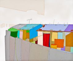 an artistic painting of colorful houses in the background with a sky line behind them and a white wall