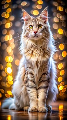 a cat is sitting on the floor in front of some boket lights and looking at the camera