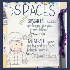 a bulletin board with words and pictures on it that say space shuttles, spaghettitti spaces are tiny and are used between letters