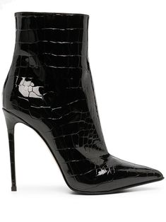 jet black calf leather/goatskin patent finish embossed crocodile effect pointed toe side zip fastening ankle-length 120mm stiletto heel Farfetch Shoes, Le Silla Shoes, Crocodile Boots, Short Stiletto, Embossed Boots, Cream Shoes, Stiletto Boots, Elegant Hairstyles, Ballet Flat Shoes