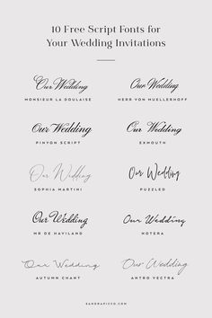 the top 10 free script font styles for your wedding party or special event, including calligraphy