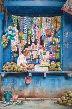 a painting of a man sitting in front of a fruit stand