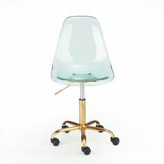 an office chair with wheels and a glass seat on the back, against a white background