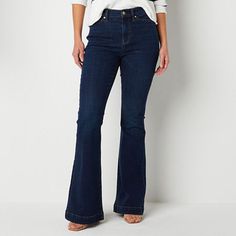 These high-rise flare-leg jeans effortlessly elongate your legs and complement your silhouette. Made from soft stretch-cotton denim with recycled fabric, and they have a button-zip fly and 5-pocket tailoring. Pair them with everything from a button-down and blazer to a t-shirt with heels.Features: Fly Front, Stretch FabricClosure Type: Button & ZipperPockets: 2 Back Slip Pockets, 2 Front Slip PocketsRise: High RiseFiber Content: 79% Cotton, 19% Repreve Recycled Polyester, 2% Lycra SpandexFabric Dress Up Jeans For Work, Flare Jeans Style, Womens Flare Jeans, Dark Wash Flare Jeans, Dress Up Jeans, Tall Jeans, Bottom Jeans, Flare Leg Jeans, Weekend Style