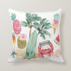 a pillow with tropical items on it and a surfboard, palm tree, pineapples, watermelon