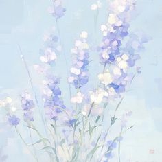 a painting of purple and white flowers in a vase