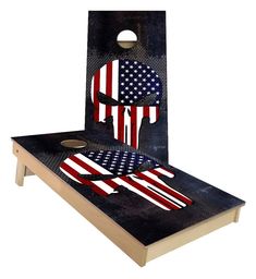 an american flag themed cornhole board game with two knives and forked utensils